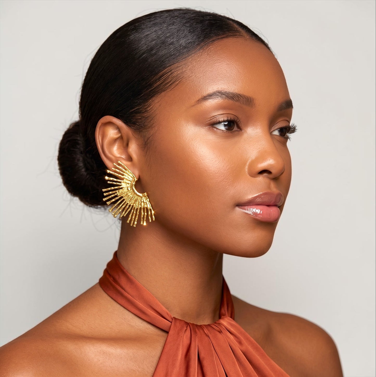 Gold & Silver Fan Statement Earrings – Hammered Sunburst Stud Drop Earrings - Fatisha Boutique #