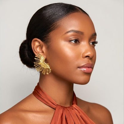 Gold & Silver Fan Statement Earrings – Hammered Sunburst Stud Drop Earrings - Fatisha Boutique #