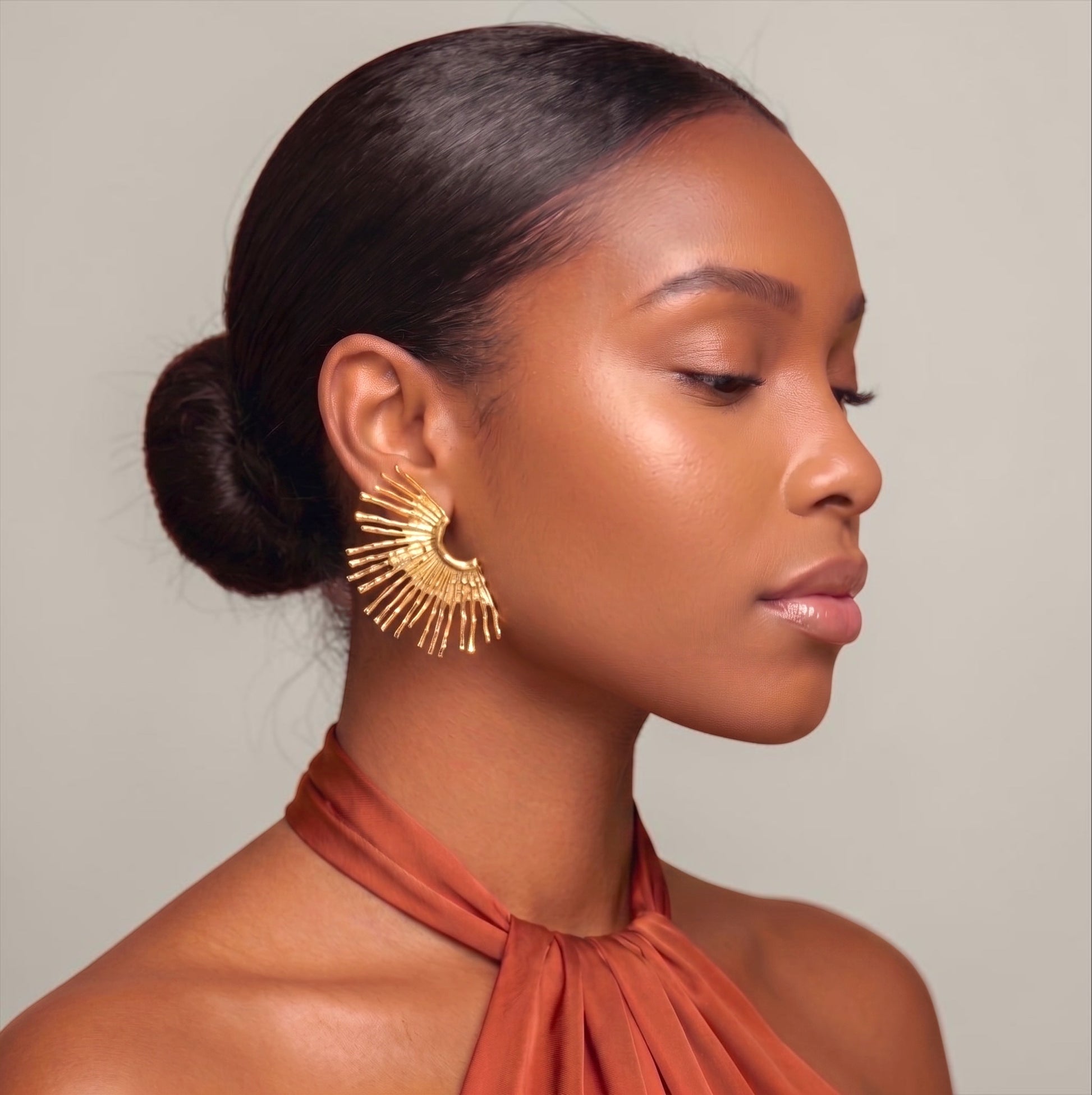Gold & Silver Fan Statement Earrings – Hammered Sunburst Stud Drop Earrings - Fatisha Boutique #
