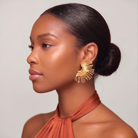 Gold & Silver Fan Statement Earrings – Hammered Sunburst Stud Drop Earrings - Fatisha Boutique #