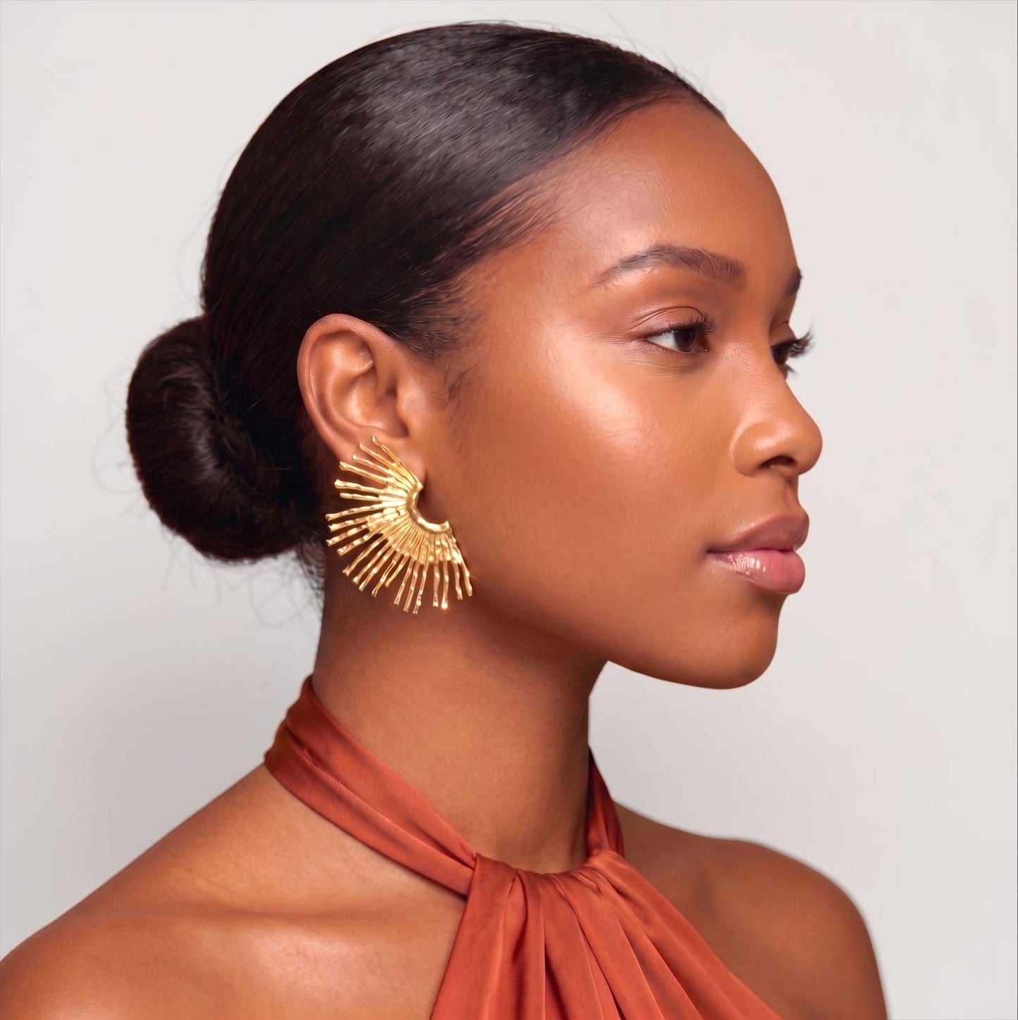 Gold & Silver Fan Statement Earrings – Hammered Sunburst Stud Drop Earrings - Fatisha Boutique #