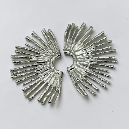 Gold & Silver Fan Statement Earrings – Hammered Sunburst Stud Drop Earrings - Fatisha Boutique #