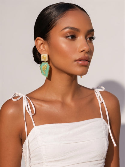 Gold Foil Resin Statement Earrings – Geometric Drop Earrings in Red Blue Black Green