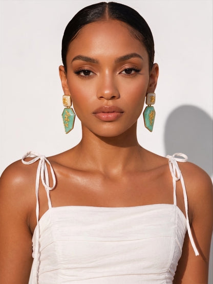 Gold Foil Resin Statement Earrings – Geometric Drop Earrings in Red Blue Black Green