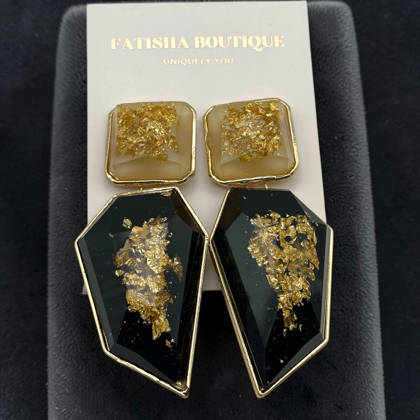 Gold Foil Resin Statement Earrings – Geometric Drop Earrings in Red Blue Black Green