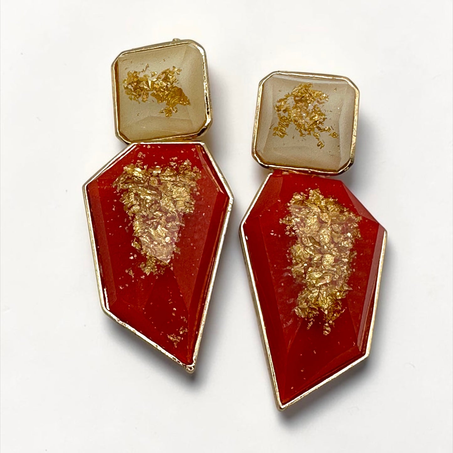 Gold Foil Resin Statement Earrings – Geometric Drop Earrings in Red Blue Black Green