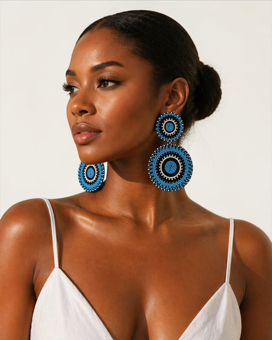 Blue & Black Beaded Statement Earrings – Handcrafted Boho Drop Earrings for Women - Fatisha Boutique #