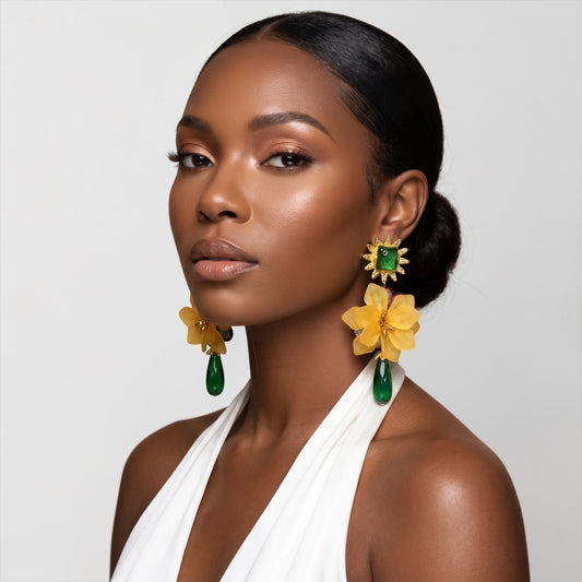 Yellow Flower Statement Earrings – Boho Resin Drop Earrings for Women