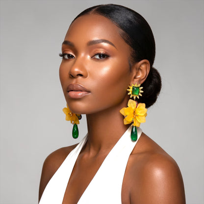 Yellow Flower Statement Earrings – Boho Resin Drop Earrings for Women - Fatisha Boutique #