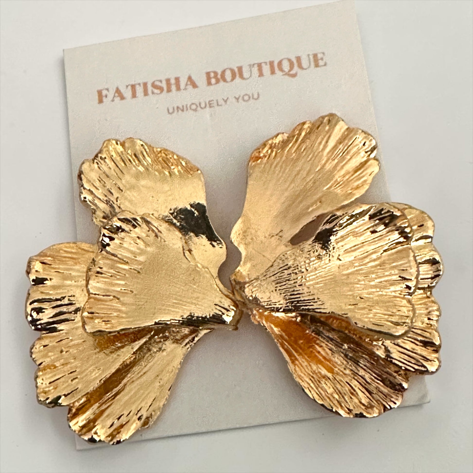 Gold Hammered Petal Earrings – Sculptural Statement Flower Studs for Women - Fatisha Boutique #