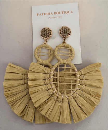 Handmade Raffia Statement Earrings – Boho Oversized Straw Drop Earrings for Summer - Fatisha Boutique #
