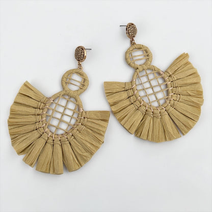 Handmade Raffia Statement Earrings – Boho Oversized Straw Drop Earrings for Summer - Fatisha Boutique #