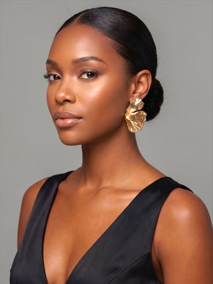 Gold Hammered Petal Earrings – Sculptural Statement Flower Studs for Women - Fatisha Boutique #
