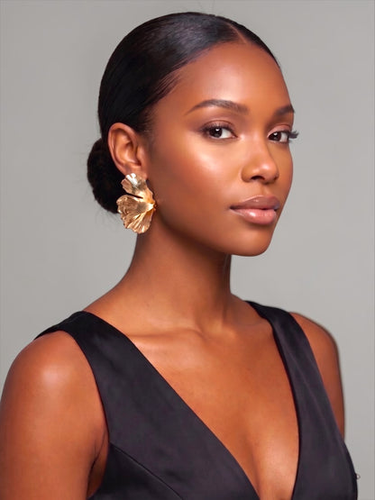 Gold Hammered Petal Earrings – Sculptural Statement Flower Studs for Women - Fatisha Boutique #