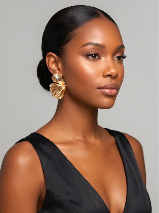 Gold Hammered Petal Earrings – Sculptural Statement Flower Studs for Women - Fatisha Boutique #