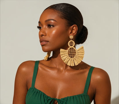 Handmade Raffia Statement Earrings – Boho Oversized Straw Drop Earrings for Summer - Fatisha Boutique #