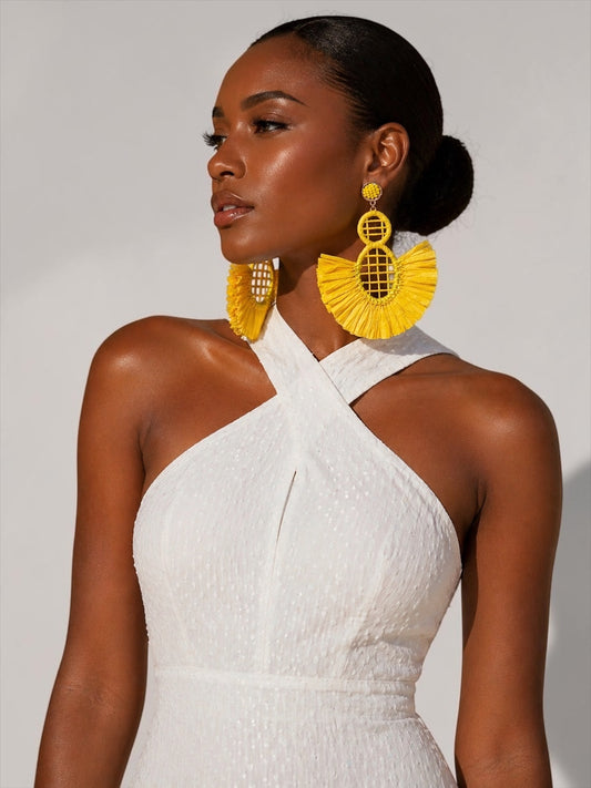 Handmade Raffia Statement Earrings – Boho Oversized Straw Drop Earrings for Summer - Fatisha Boutique #