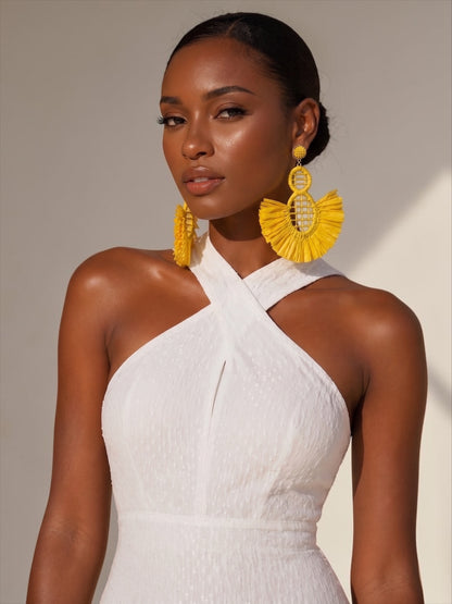 Handmade Raffia Statement Earrings – Boho Oversized Straw Drop Earrings for Summer - Fatisha Boutique #