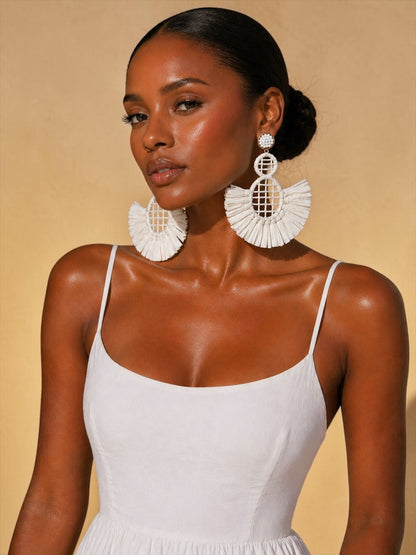 Handmade Raffia Statement Earrings – Boho Oversized Straw Drop Earrings for Summer - Fatisha Boutique #