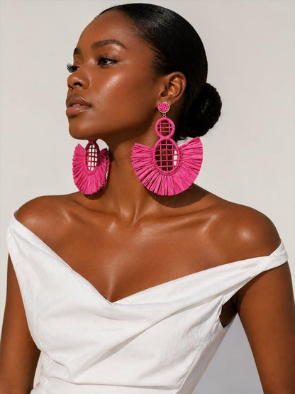 Handmade Raffia Statement Earrings – Boho Oversized Straw Drop Earrings for Summer - Fatisha Boutique #