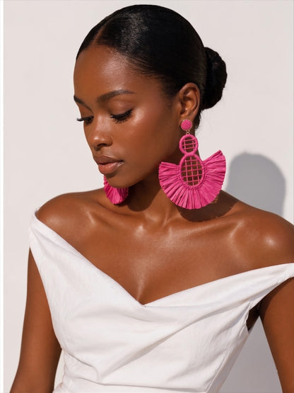 Handmade Raffia Statement Earrings – Boho Oversized Straw Drop Earrings for Summer - Fatisha Boutique #