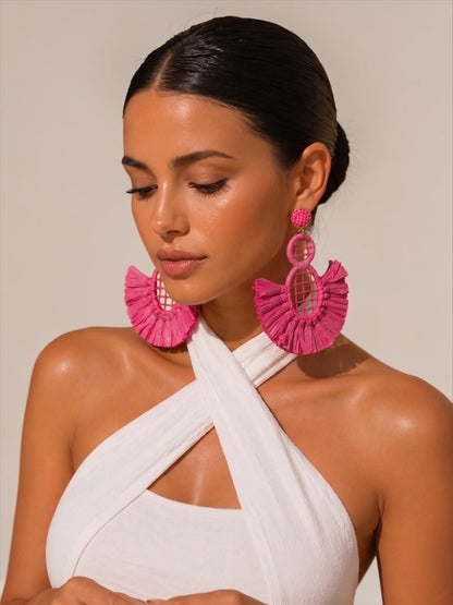 Handmade Raffia Statement Earrings – Boho Oversized Straw Drop Earrings for Summer - Fatisha Boutique #