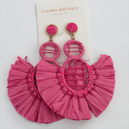 Handmade Raffia Statement Earrings – Boho Oversized Straw Drop Earrings for Summer - Fatisha Boutique #