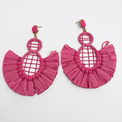 Handmade Raffia Statement Earrings – Boho Oversized Straw Drop Earrings for Summer - Fatisha Boutique #