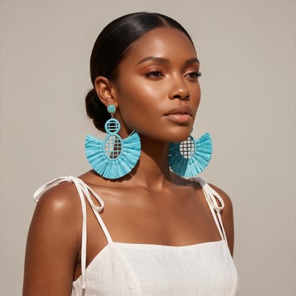 Handmade Raffia Statement Earrings – Boho Oversized Straw Drop Earrings for Summer - Fatisha Boutique #