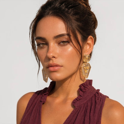 Geometric Resin Statement Earrings – Gold Fleck Boho Drop Earrings - Fatisha Boutique #