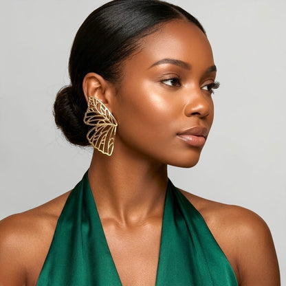 Gold Butterfly Wing Statement Earrings – Bold Stud Drop Earrings - Fatisha Boutique #