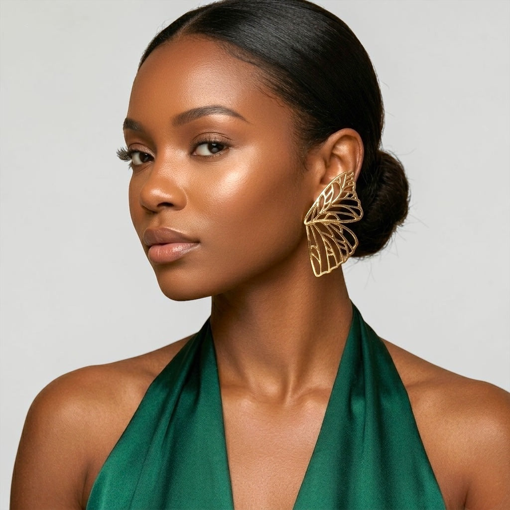 Gold Butterfly Wing Statement Earrings – Bold Stud Drop Earrings - Fatisha Boutique #