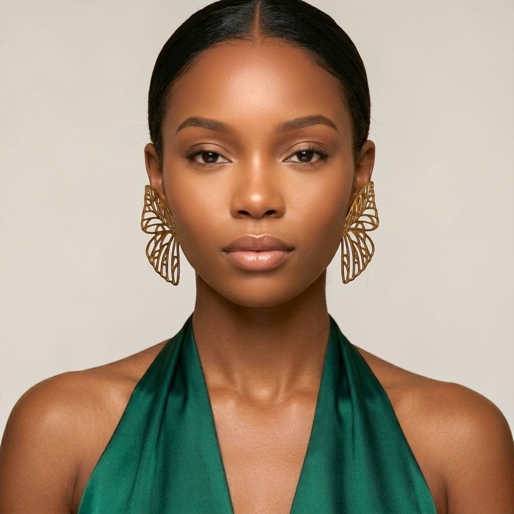 Gold Butterfly Wing Statement Earrings – Bold Stud Drop Earrings - Fatisha Boutique #