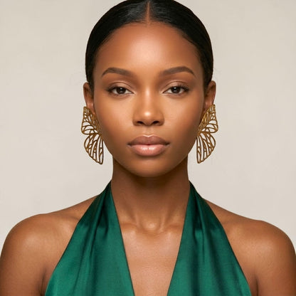 Gold Butterfly Wing Statement Earrings – Bold Stud Drop Earrings - Fatisha Boutique #