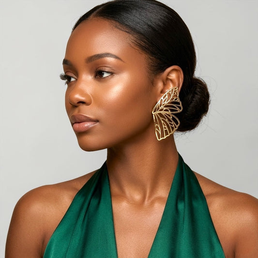 Gold Butterfly Wing Statement Earrings – Bold Stud Drop Earrings - Fatisha Boutique #