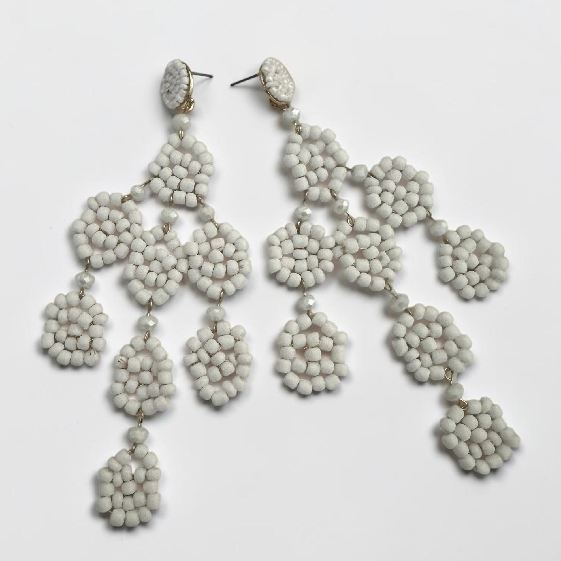 White Beaded Statement Earrings – Long Boho Drop Dangles - Fatisha Boutique #