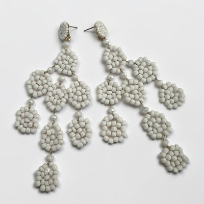White Beaded Statement Earrings – Long Boho Drop Dangles - Fatisha Boutique #