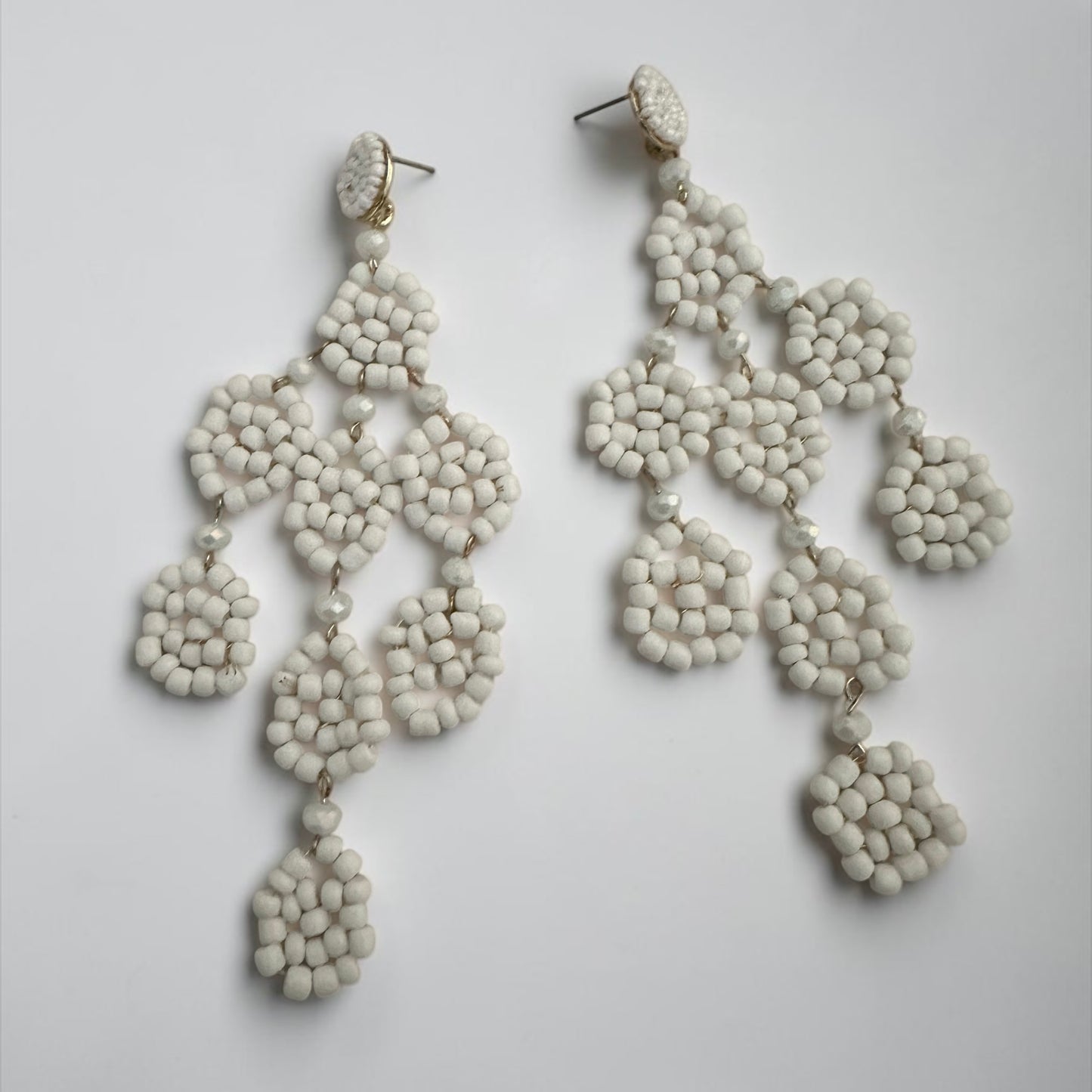 White Beaded Statement Earrings – Long Boho Drop Dangles - Fatisha Boutique #