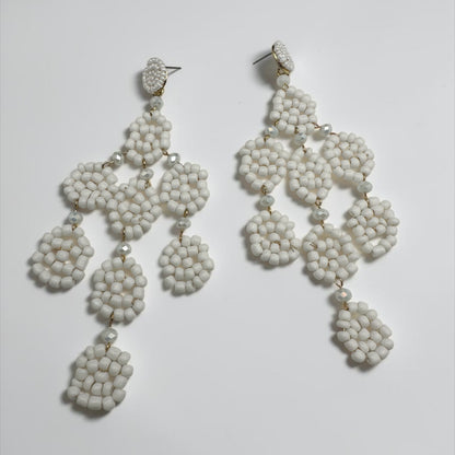 White Beaded Statement Earrings – Long Boho Drop Dangles - Fatisha Boutique #
