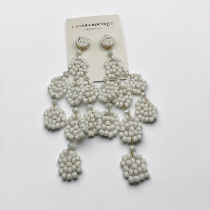 White Beaded Statement Earrings – Long Boho Drop Dangles - Fatisha Boutique #
