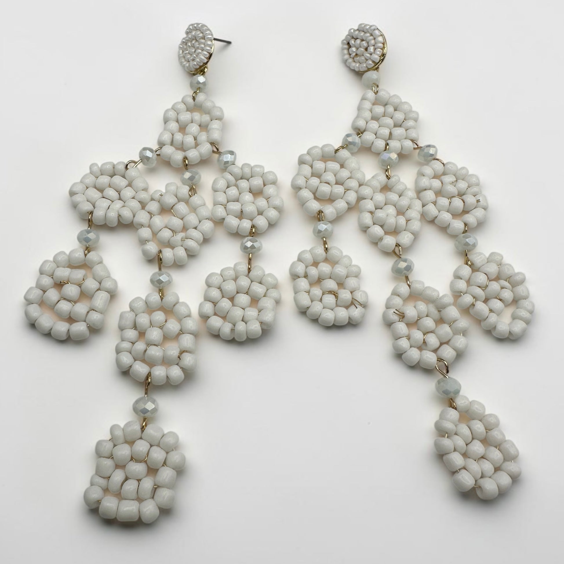 White Beaded Statement Earrings – Long Boho Drop Dangles - Fatisha Boutique #