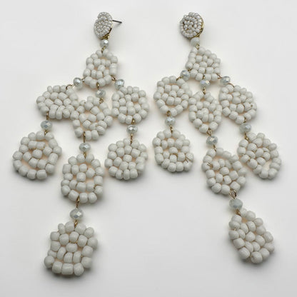 White Beaded Statement Earrings – Long Boho Drop Dangles - Fatisha Boutique #
