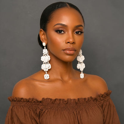 White Beaded Statement Earrings – Long Boho Drop Dangles - Fatisha Boutique #
