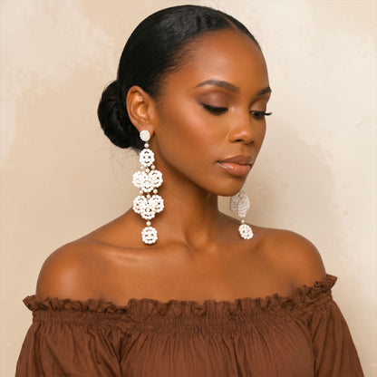 White Beaded Statement Earrings – Long Boho Drop Dangles - Fatisha Boutique #