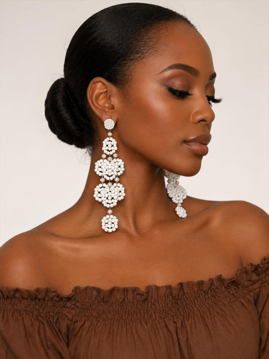 White Beaded Statement Earrings – Long Boho Drop Dangles - Fatisha Boutique #