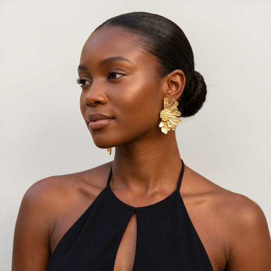 Gold Flower Statement Earrings – Petal Drop Stud Design