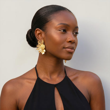 Gold Flower Statement Earrings – Petal Drop Stud Design