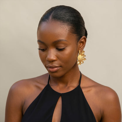 Gold Flower Statement Earrings – Petal Drop Stud Design