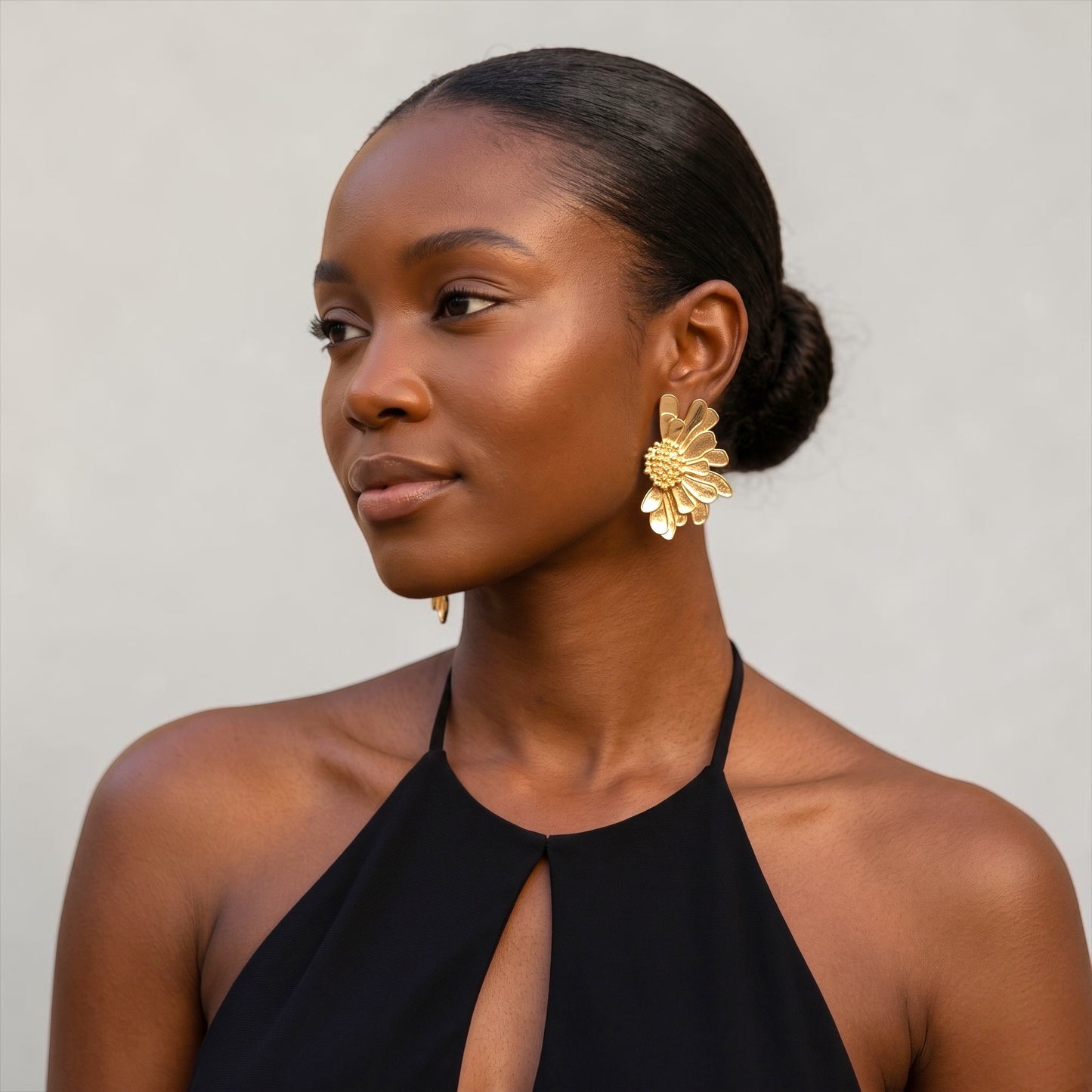 Gold Flower Statement Earrings – Petal Drop Stud Design