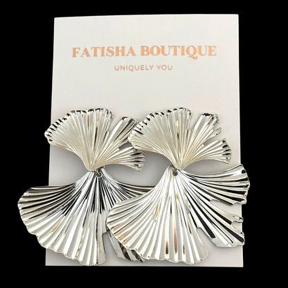 Ginkgo Leaf Statement Earrings – Gold & Silver Sculptural Drops - Fatisha Boutique #